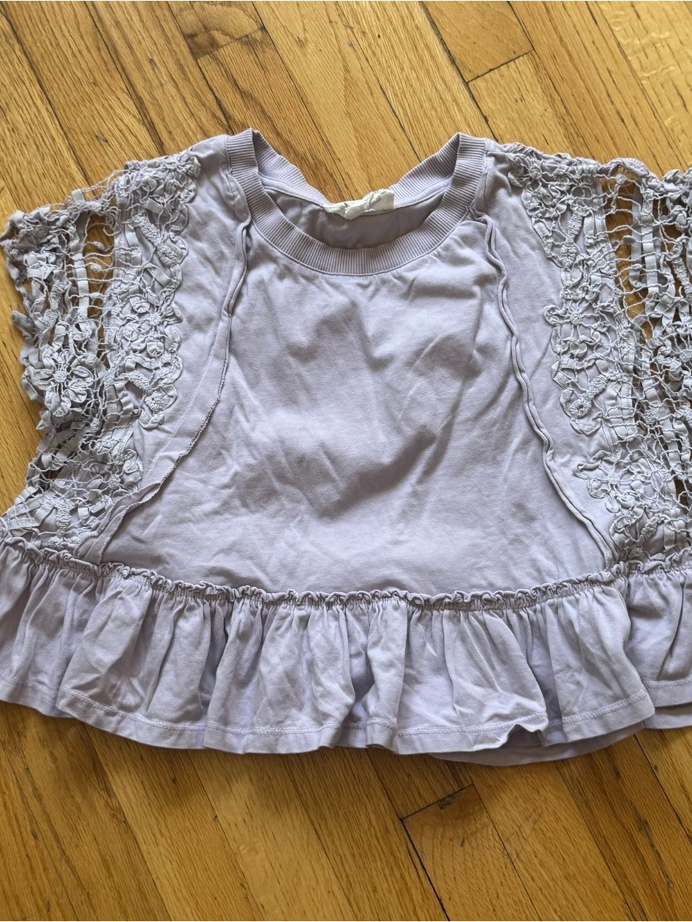 Anthropologie Lavender Crochet-Sleeve Ruffle Hem Tee